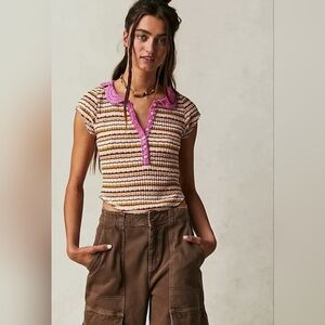 Free People One Way Colorful Knit Polo Baby Tee Top Shirt Small